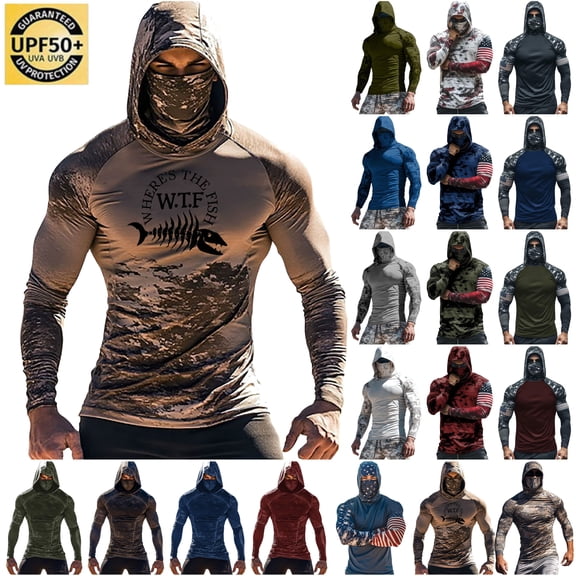 DDAPJ pyju Hooded Sun Shirts for Men UPF 50+ Long Sleeve Pullover Rash Guaed with Face Mask Cooling Workout Tops Outdoor Hiking Fishing Shirt Coffee XL