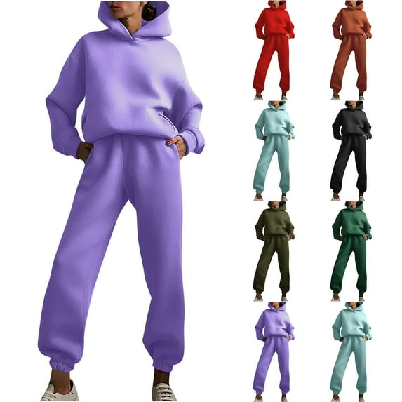 DDAPJ pyju Hoodie Sweatsuit for Women 2 Piece Casual Tracksuit Long Sleeve Hooded Sweatshirt and Sweatpants Set Solid Color Jogging Matching Suits with Pockets Clearance Sales Today Purple S