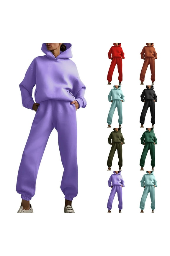 Hoodie Sweatsuit for Women 2 Piece Casual Tracksuit Long Sleeve Hooded Sweatshirt and Sweatpants Set Solid Color Jogging Matching Suits with Pockets Purple M