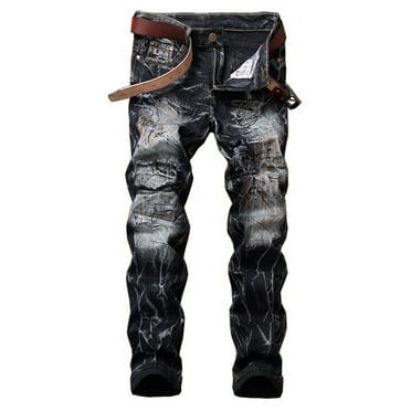DDAPJ pyju Jeans for Men Fashion Ripped Frayed Slim Fit Jeans Straight Leg Skinny Distressed Destroyed Jeans Cool Street Denim Pants
