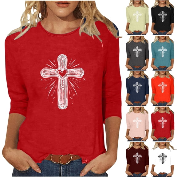 DDAPJ pyju Jesus Cross T-Shirt Women Christian Religious Shirts Easter Day Print Tops Casual 3/4 Sleeve Tee Blouse Pink S