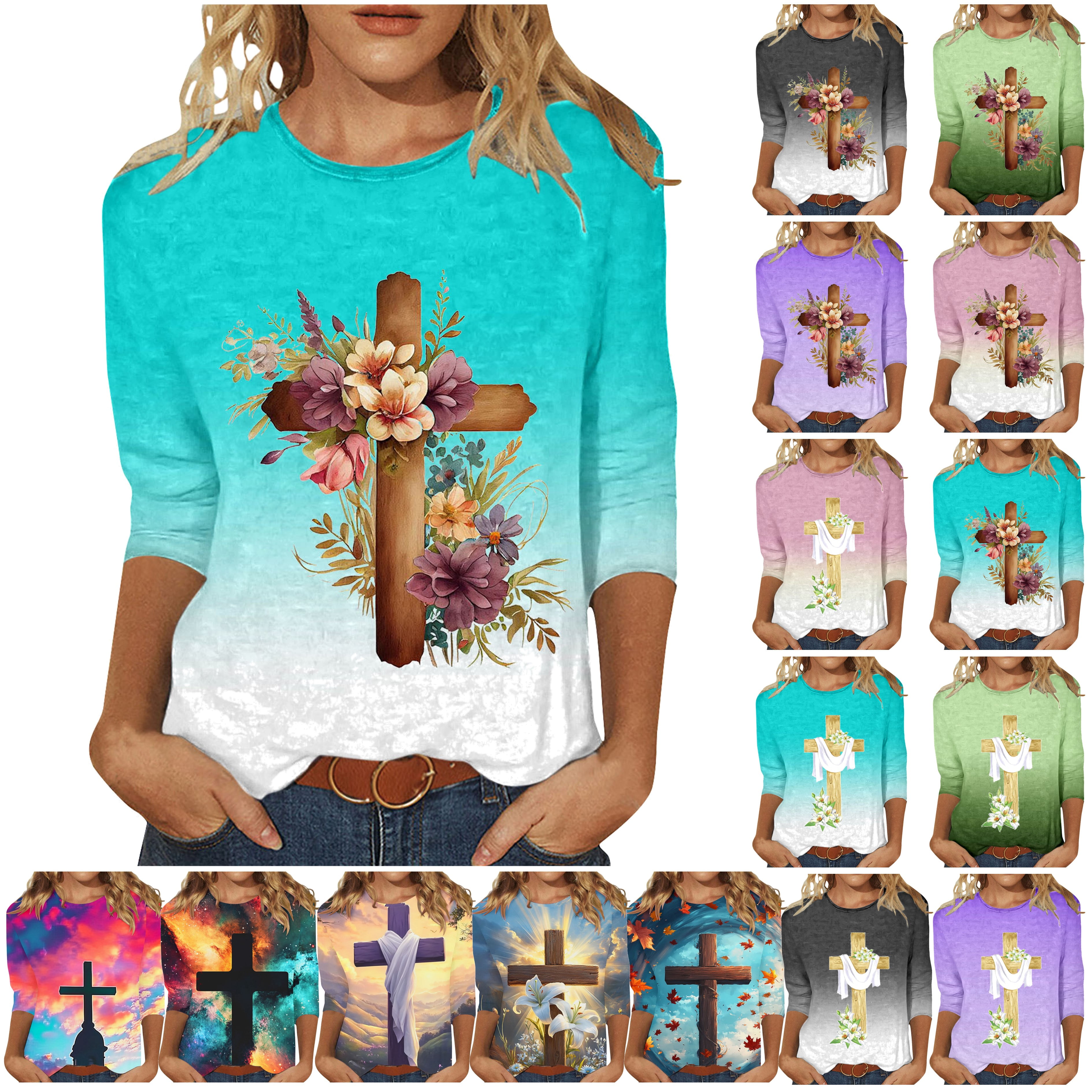 DDAPJ pyju Jesus Shirts for Women Christian Cross Printed 3/4 Sleeve T ...