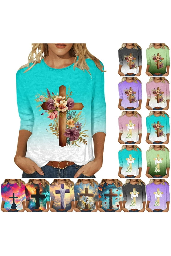 Jesus Shirts for Women Christian Cross Printed 3/4 Sleeve T-shirts Happy Easter Dressy Casual Round Neck Blouses Green S