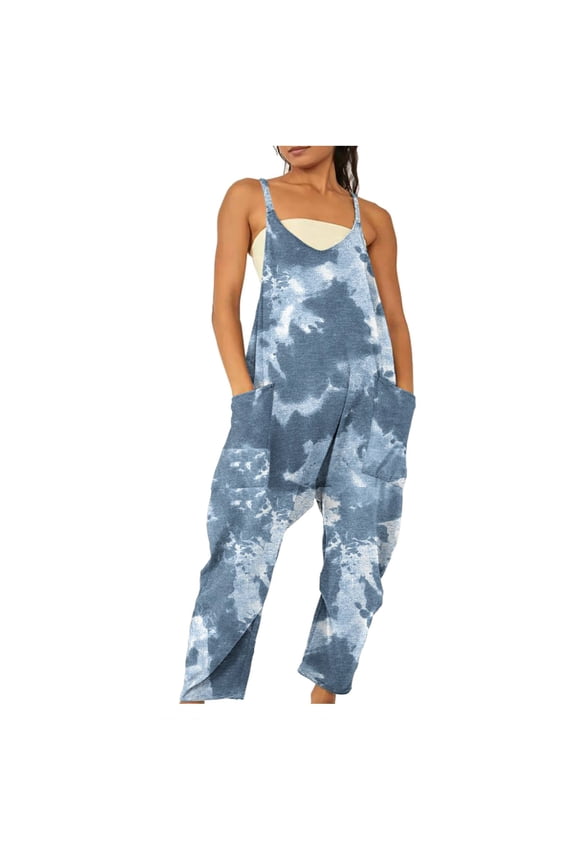 Jumpsuits for Women Ethnic Style Print Sleeveless V Neck Casual Loose Overalls Jumper Spaghetti Straps Harem Long Romper with Pockets monos para mujer casuales Blue XXL