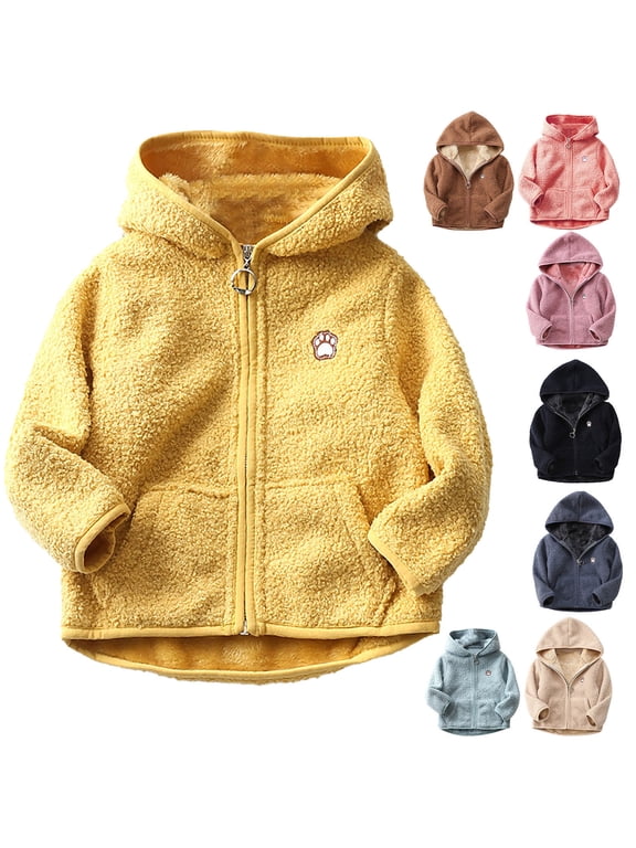 Kids Fleece Jackets Toddler Boys Girls Zip Up Hoodie Coat Cute Dog Paw Print Long Sleeve Hooded Sweatshirt Jacket Thick Warm Winter Outwear with Pockets on Clearance Beige 3 Years