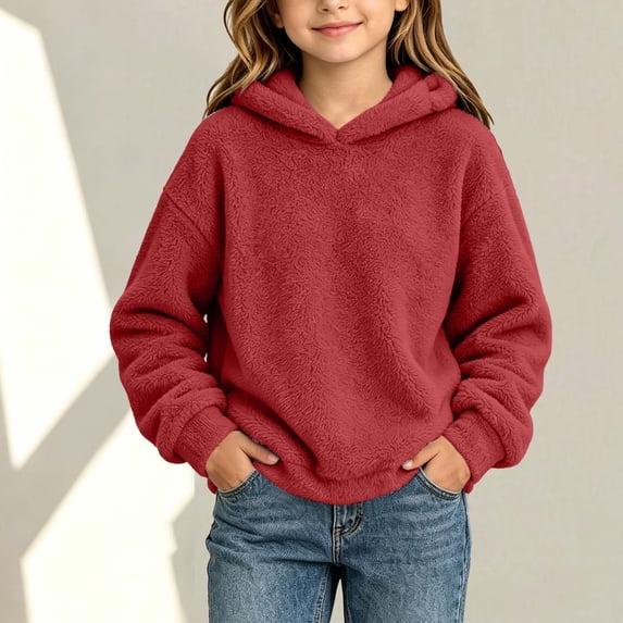 DDAPJ pyju Kids Fuzzy Fleece Sweatshirt Boys Girls Cozy Sherpa Hoodies Loose Fit Drop Shoulder Pullover Tops Fall Winter Warm Hoodie Sweatshirts 4-15 Years