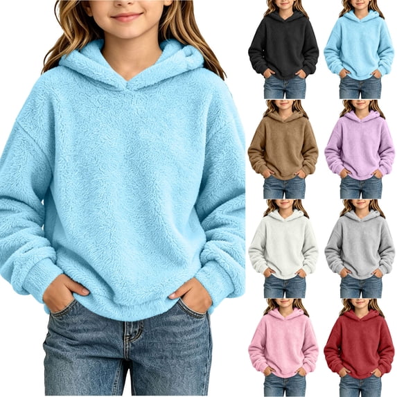 DDAPJ pyju Kids Fuzzy Fleece Sweatshirt Boys Girls Cozy Sherpa Hoodies Loose Fit Drop Shoulder Pullover Tops Fall Winter Warm Hoodie Sweatshirts 4-15 Years