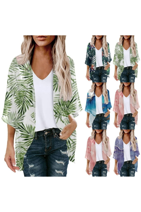 Kimonos for Women 3/4 Sleeve Chiffon Cardigan Loose Casual Shrug Tops Flroal Print Beach Cover Up Soft Duster Jackets Green S