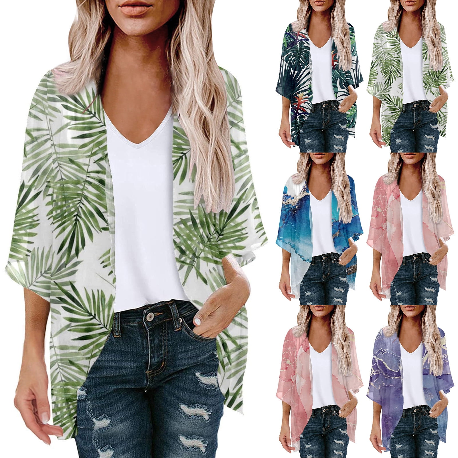Kimono Cardigan Femme Boho Floral Chiffon – Cover-up Plage 3/4 Manches Léger Et Ample