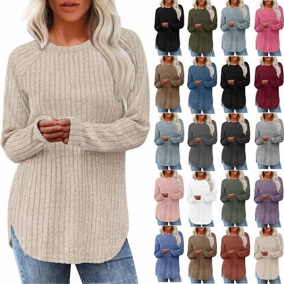 DDAPJ pyju Knit Shirts Womens Fall Scoop Neck Plain Tops Trendy Casual Loose Comfy Tops Long Sleeve Split Hem Shirts Army Green M