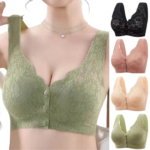 DDAPJ pyju Lace Bralettes for Women Scalloped V Neck Wireless Bra Full Coverage Snap Closing Bras Seamless Push Up Bra Comfortable Everyday Underwear Beige L