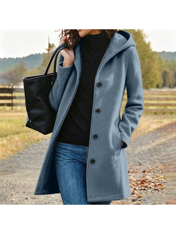 Ladies Hooded Dress Coat Mid Long Single Breasted Warm Wool Blend Winter Outerwear Jacket Pairs with Jeans Dresses for Work Office Daily Wear XXL