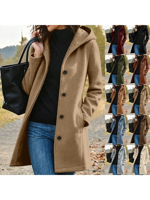 Ladies Hooded Dress Coat Mid Long Single Breasted Warm Wool Blend Winter Outerwear Jacket Pairs with Jeans Dresses for Work Office Daily Wear XXL