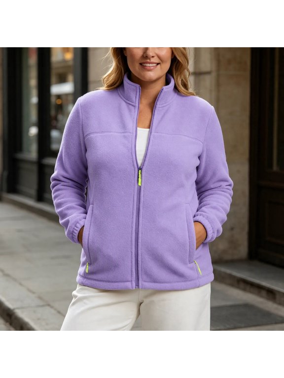 Ladies Polar Fleece Zip Jacket Mock Neck Warm Soft Casual Fall Outerwear Coat with Pockets Plus Size for Winter Outdoor Sports Daily Wear S