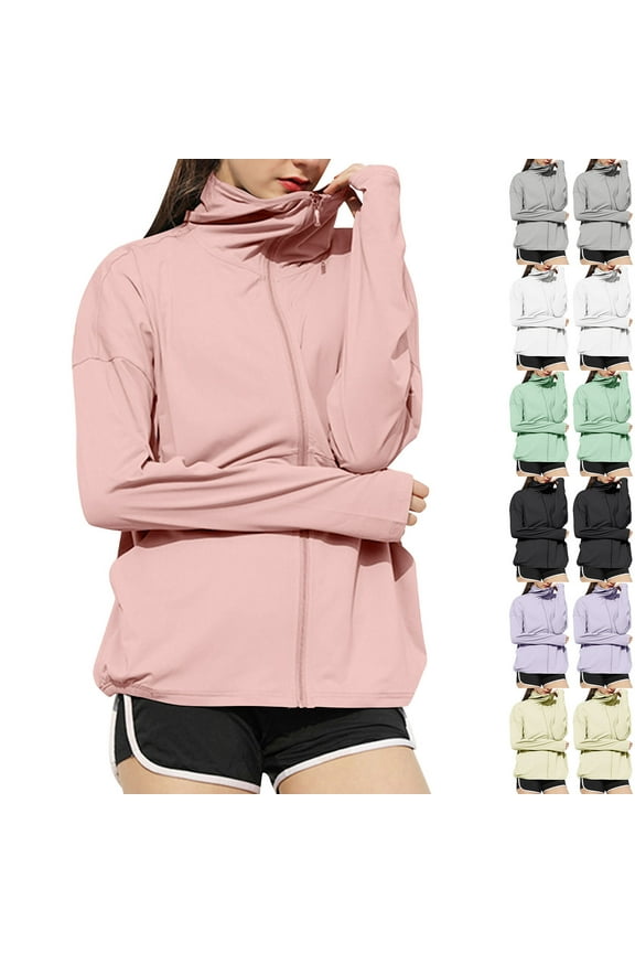 Lightweight Athletic Jacket for Women UPF 50+ Long Sleeve Zip Up Hoodies Outdoor Hiking Workout Tops with Thumb Holes White XL