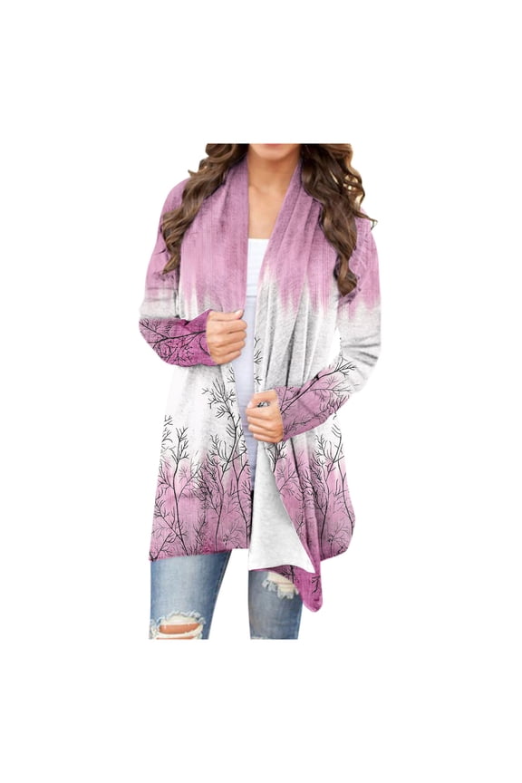 Lightweight Cardigans for Women 2023,Open Front Drape Cardigan Gradient Floral Print Boho Kimono Casual Long Sleeve Holiday Coats Fall Winter Mid-Length Thin Jacket