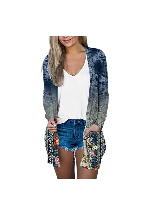 Lightweight Cardigans for Women 2023,Open Front Long Sleeve Shawl Collar Cardigan Floral Print Casual Kimono Tops Fall Winter Thin Coats with Pockets