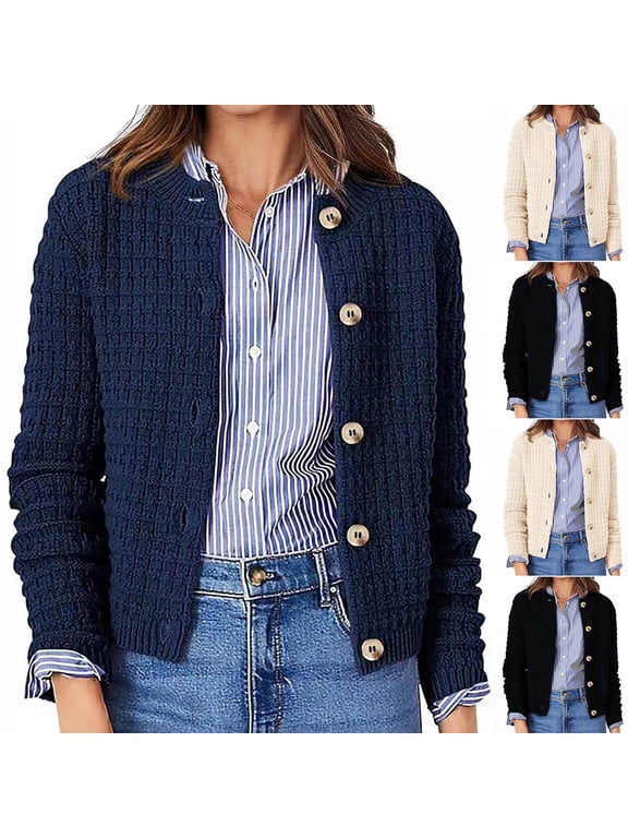 Lightweight Cardigans for Women Button Down Long Sleeve Knit Cropped Jacket Business Casual Cardigan Sweaters Navy L