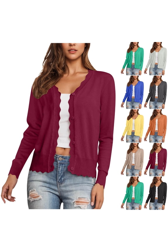 Lightweight Cardigans for Women Cropped Long Sleeve V-Neck Buttons Down Sweaters Ribbed Wave Edges Casual Knit Shrugs Orange XXL