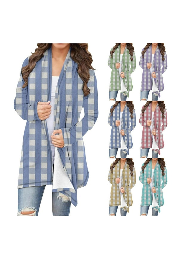 Lightweight Cardigans for Women Open Frong Long Sleeve Plaid Cardigan Trendy Casual Duster Jacket Blue XL