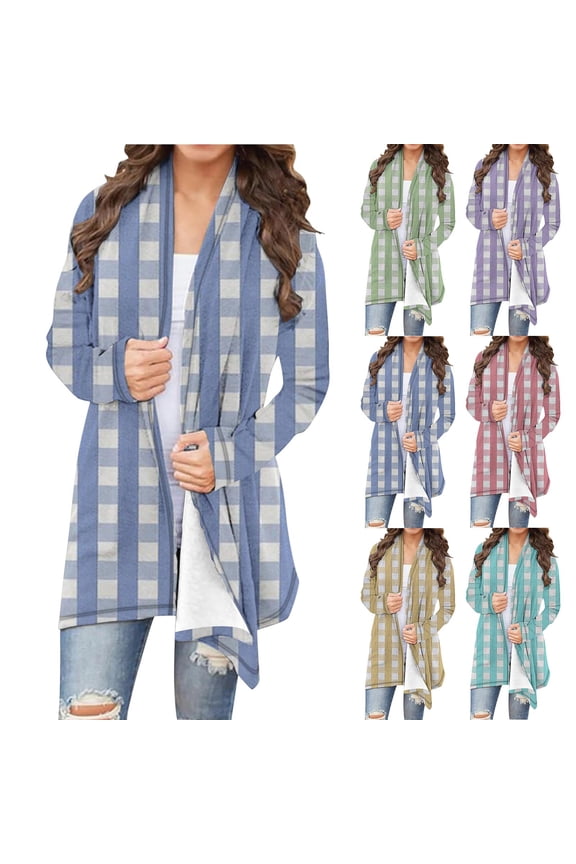 Lightweight Cardigans for Women Open Frong Long Sleeve Plaid Cardigan Trendy Casual Duster Jacket Purple XXXXL