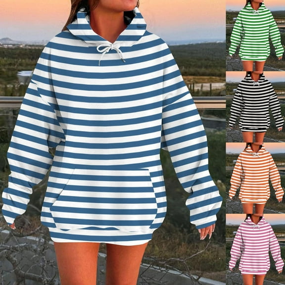 DDAPJ pyju Lightweight Hoodies for Women Striped Print Hooded Sweatshirt Oversized Casual Pullover Hoodie with Kangaroo Pocket