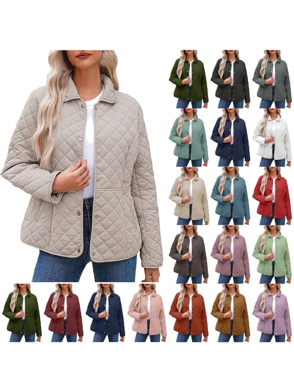 Lightweight Quilted Jackets for Women Lapel Down Jacket Long Sleeve Button Down Puffer Jackets Warm Winter Trendy Casual Outerwear with Pockets on Clearance Navy XL