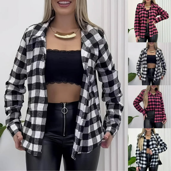 DDAPJ pyju Lightweight Shackets for Women Plaid Shirts Jacket Collared Business Casual Tops Black L