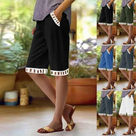 DDAPJ pyju Linen Bermuda Shorts for Women Knee Length Casual Beach Shorts Hollow Out Fashion Cruise Short Pants Green S