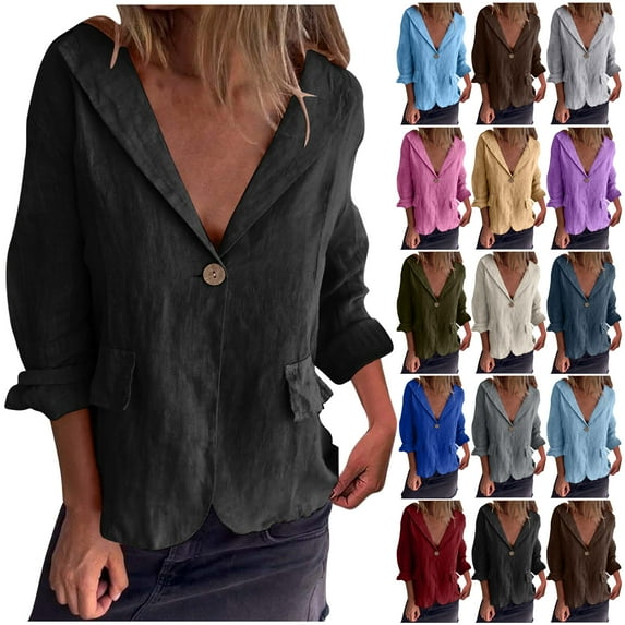 DDAPJ pyju Linen Blazer Jackets for Women Fall Fashion Long Sleeve Suit Cardigan Business Casual Open Front Formal Workwear Army Green S
