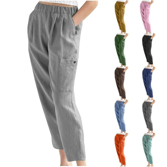 DDAPJ pyju Linen Cropped Pants for Women Elastic Waist Solid Color Casual Straight Leg Lounge Trousers with Pockets Sales of Today Pink XXL