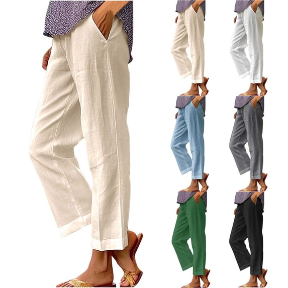 DDAPJ pyju Linen Pants Women 2025 Summer Straight Leg Cropped Pants Loose Boho Slacks Elastic Waist Trousers with Pockets Sales of Today Sky Blue XXL