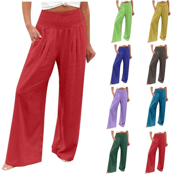DDAPJ pyju Linen Pants for Women,Summer Wide Leg High Waisted Pant Casual Palazzo Baggy Cargo Lounge Trousers with Pockets
