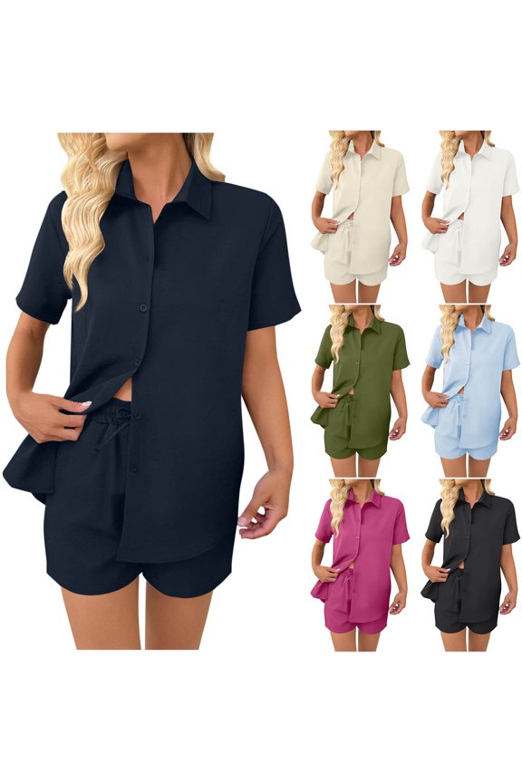 Linen Sets for Women 2 Piece Button Down Short Sleeve Shirts and Drawstring Shorts Set Matching Summer Lounge Sets Ofertas relámpago Hot Pink L