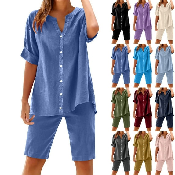DDAPJ pyju Linen Sets for Women 2 Piece Pajama Set Short Sleeve Button Down Shirt and Shorts Set Casual Summer Loungewear Khaki XXL