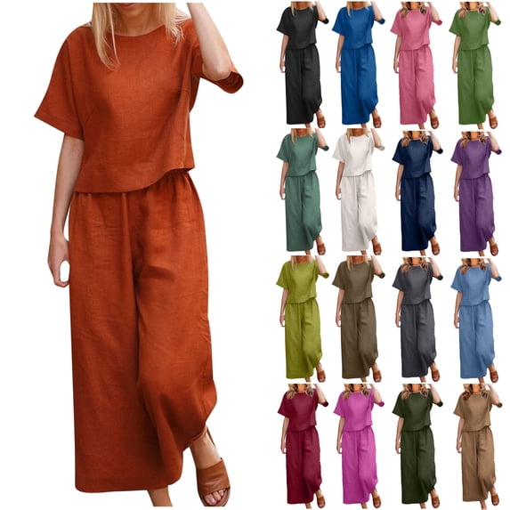 DDAPJ pyju Linen Sets for Women 2 Piece Summer Outfits Basic Solid Short Song Sleeve Tops with Long Pants Casual Tracksuits Lounge Matching Set Birthday Gifts Wine XL