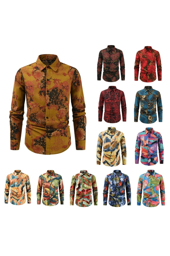 Linen Shirt for Men Floral Dress Shirts Regular Fit Long Sleeve Printed Button Down Shirts Wedding Party Prom Shirts Multicolor XXXXL