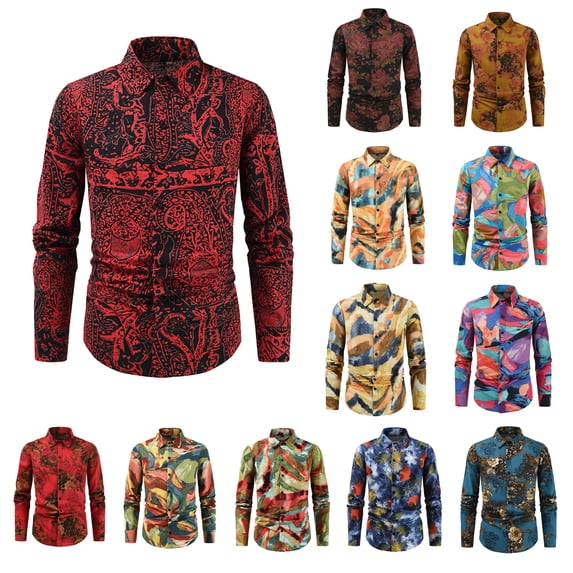 DDAPJ pyju Linen Shirt for Men Floral Dress Shirts Regular Fit Long Sleeve Printed Button Down Shirts Wedding Party Prom Shirts Multicolor XXXL
