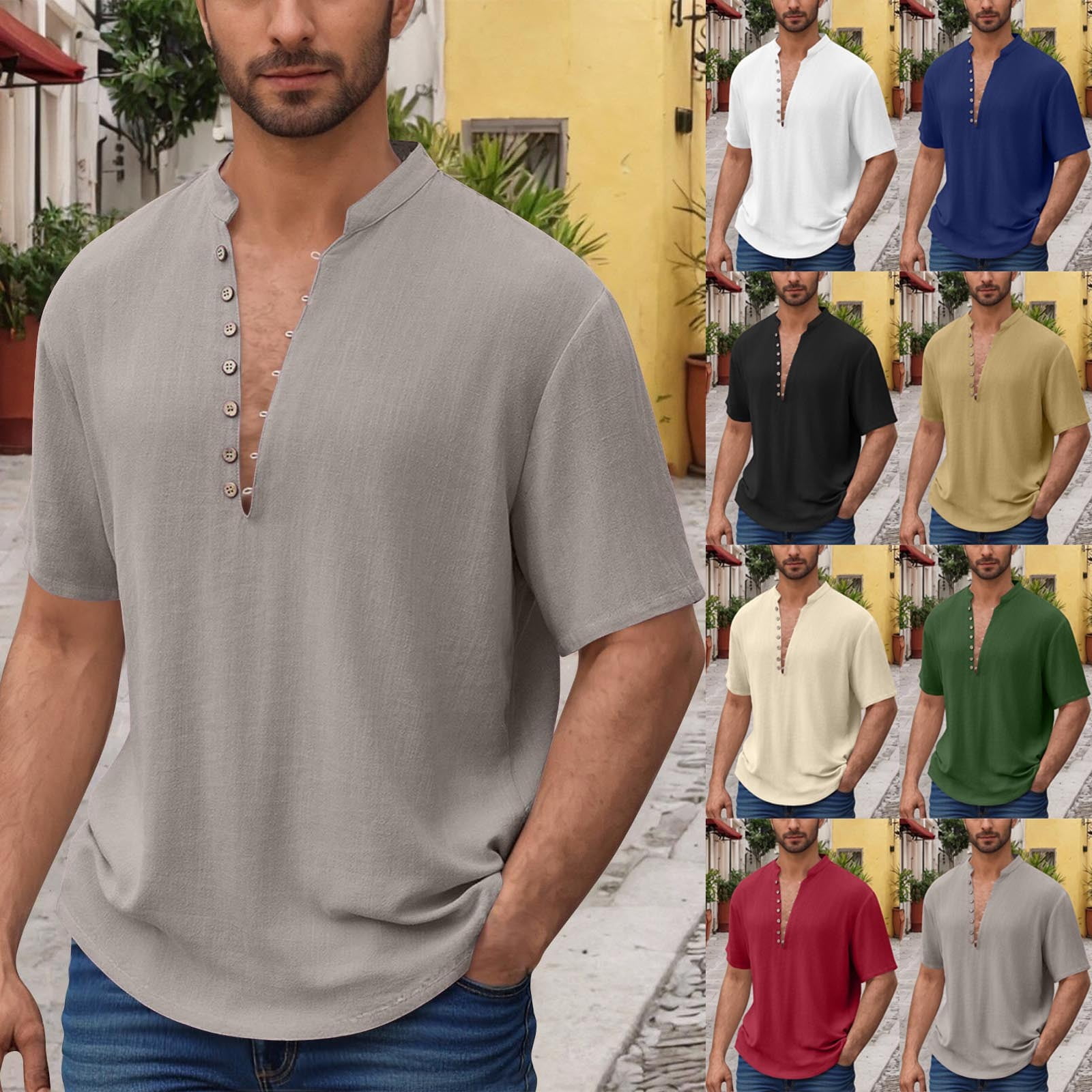 DDAPJ pyju Linen Shirt for Men Band Collar Short Sleeve Tops Summer ...
