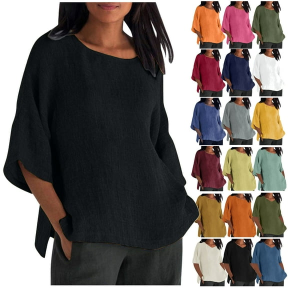 DDAPJ pyju Linen Shirts for Women Loose Fit Summer 3/4 Sleeve Round Neck Blouses Basic Solid Gauze Top Side Split Blouse Tops Army Green XXXXL