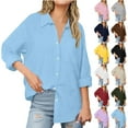 thumbnail image 1 of DDAPJ pyju Linen Shirts for Women Plus Size Button Down Cotton Gauze Tops Casual Roll Up Long Sleeve Lapel Collar Blouses Navy S, 1 of 7