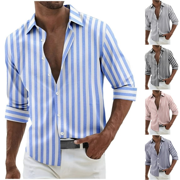 DDAPJ pyju Linen Shirts for Men Long Sleeve Striped Beach Wedding Shirt Relaxed Fit Casual Button Down Shirts Navy M