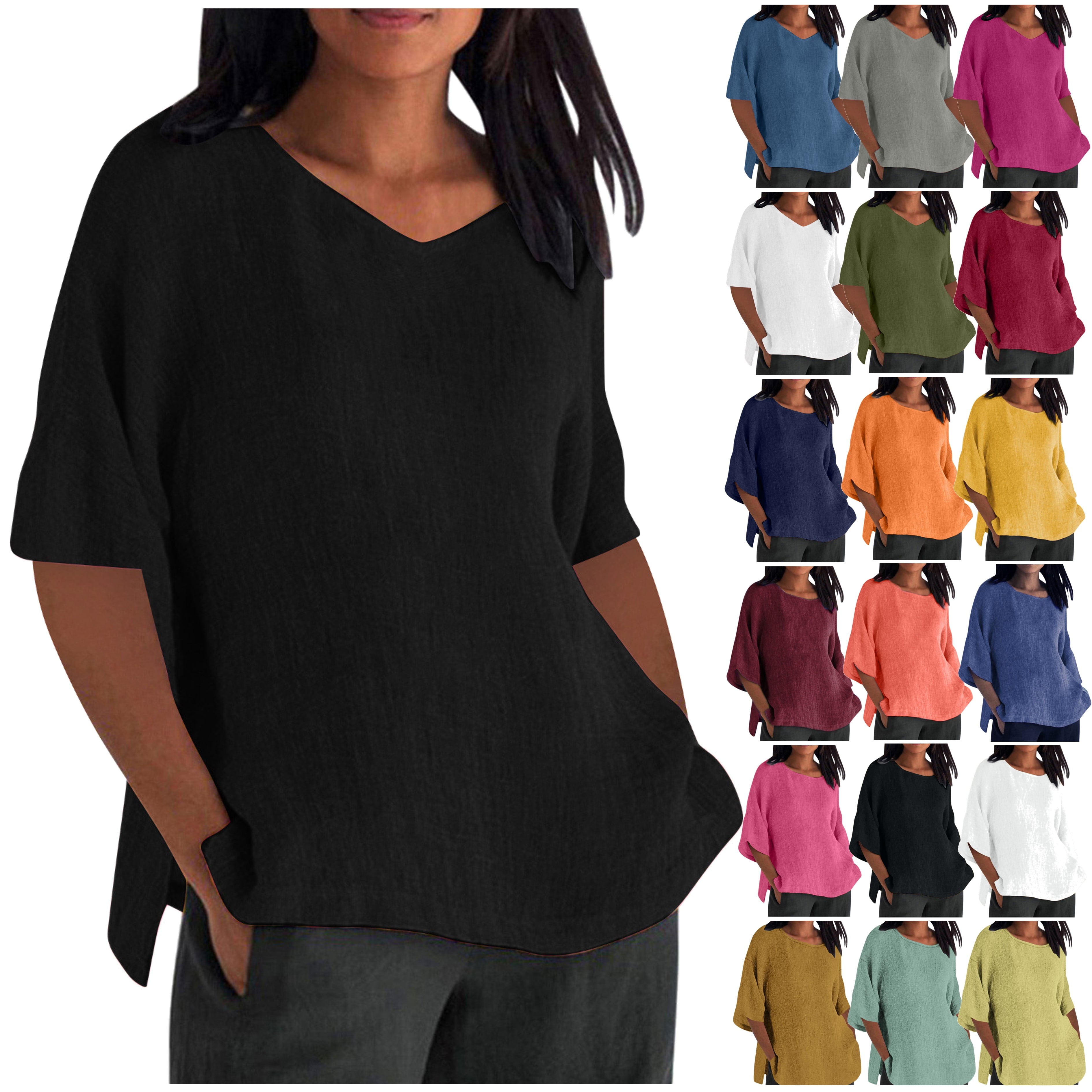 DDAPJ pyju Linen Shirts for Women 2025 Trendy Side Slit Short Sleeve ...