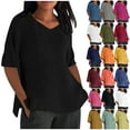 thumbnail image 1 of DDAPJ pyju Linen Shirts for Women 2025 Trendy Side Slit Short Sleeve Tops Dressy Casual V Neck Blouses Hot Pink XL, 1 of 6