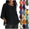 thumbnail image 1 of DDAPJ pyju Linen Shirts for Women Basic Solid Casual 3/4 Sleeve Tops Loose Fit Round Neck Blouses Breathable Beach Shirt Resort Wear Black XXL, 1 of 7
