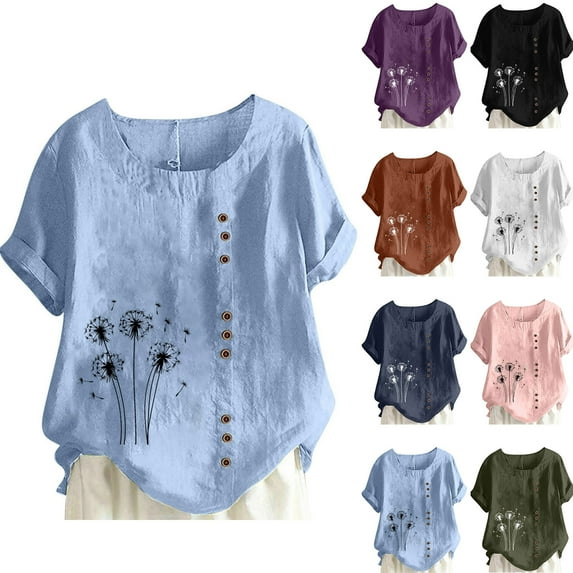 DDAPJ pyju Linen Shirts for Women Short Sleeve Summer Cute Blouses Round Neck Buttons T Shirt Work Tops Floral Graphic Tees Coffee XXL
