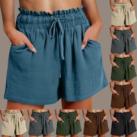 DDAPJ pyju Linen Summer Shorts for Women Ruffled High Waist Drawstring Wide Leg Shorts 2025 Fashion Beach Cruise Shorts Brown XL