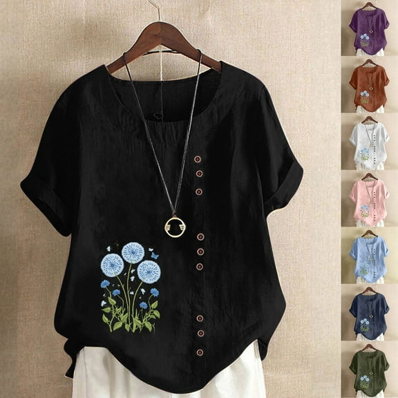 DDAPJ pyju Linen Tops for Women Dandelion Print Short Sleeve Tshirt Dressy Casual Summer Blouse Button Design Round Neck Tees Coffee XXXL