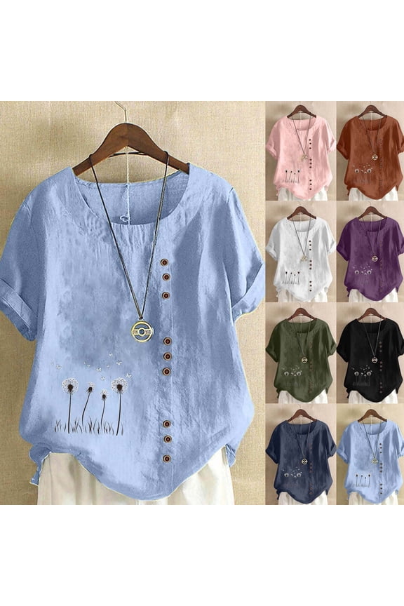 Linen Tops for Women Plus Size Floral Print T Shirt Round Neck Short Sleeve Casual Dressy Blouse Boho Summer Tees Sales of Today Army Green XXXXL