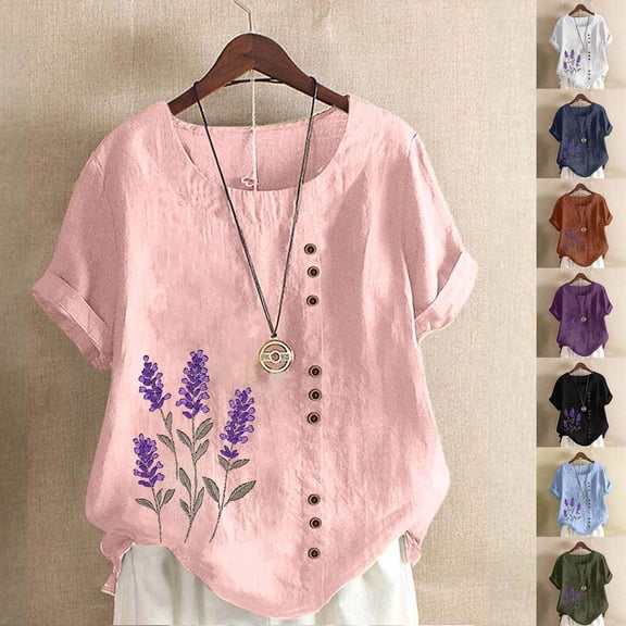DDAPJ pyju Linen Tops for Women Roll Up Short Sleeve Floral Print Tshirt Trendy Casual Summer Blouse Lightning Sales Purple XXXL